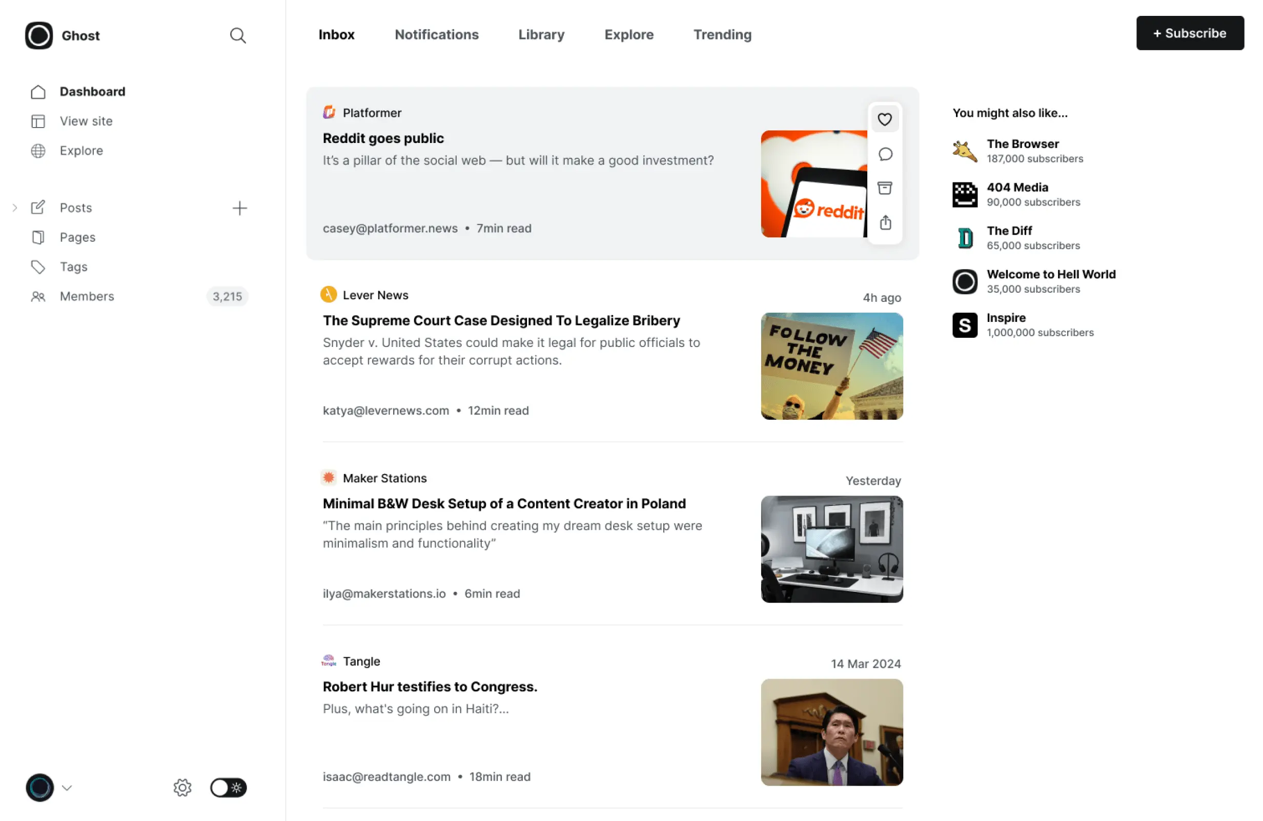 An example user interface showing an ActivityPub inbox feed in Ghost