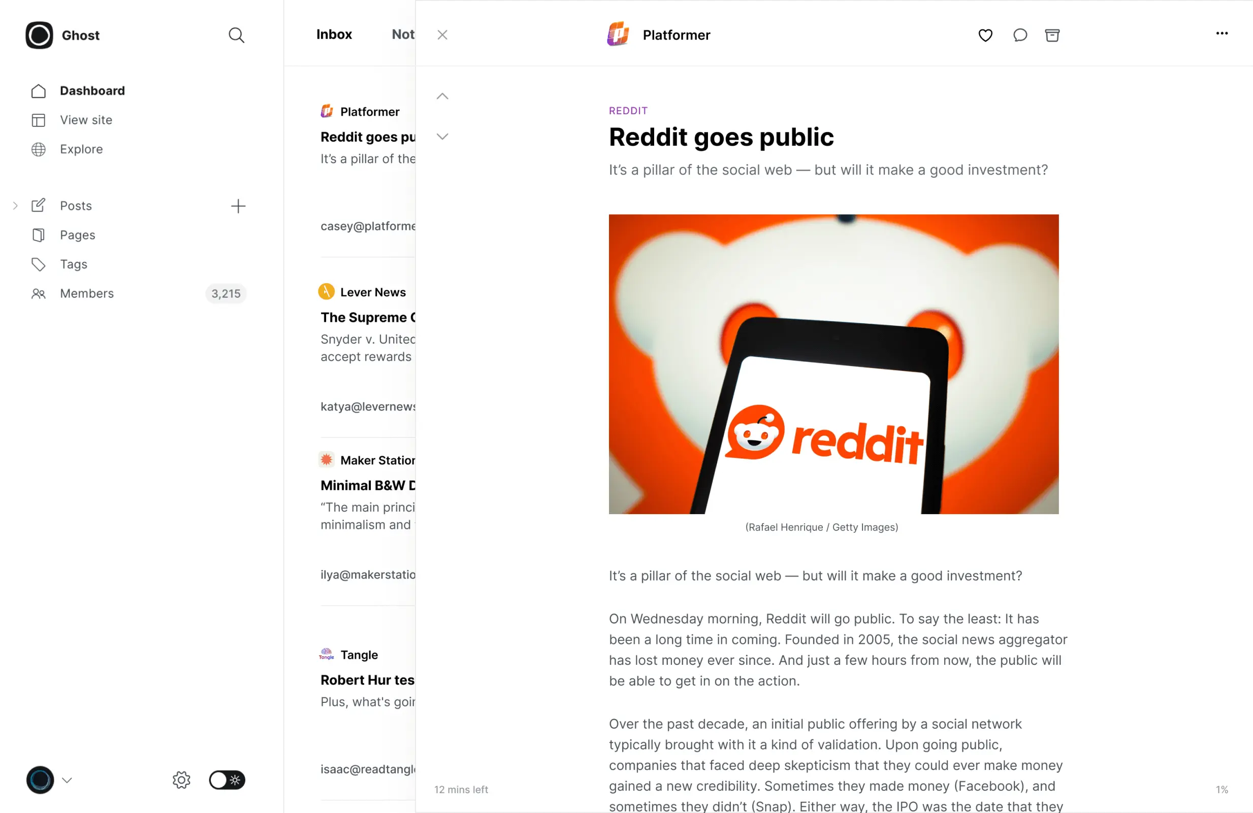 An example user interface showing an ActivityPub article reader in Ghost