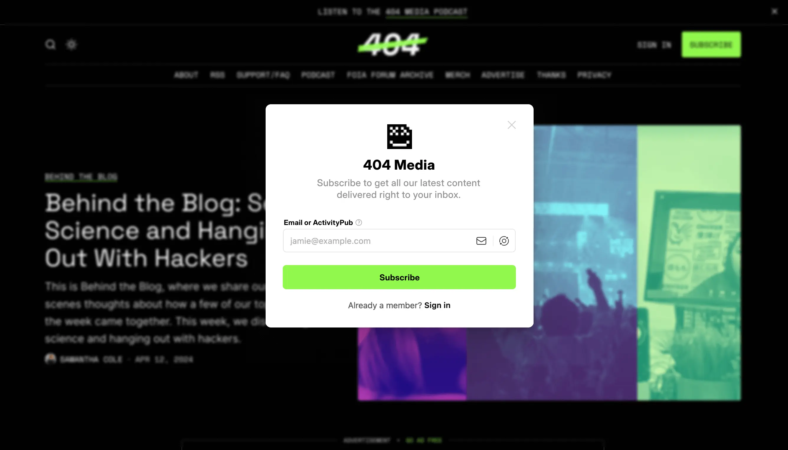 An example user interface showing a subscription input that supports both ActivityPub and email