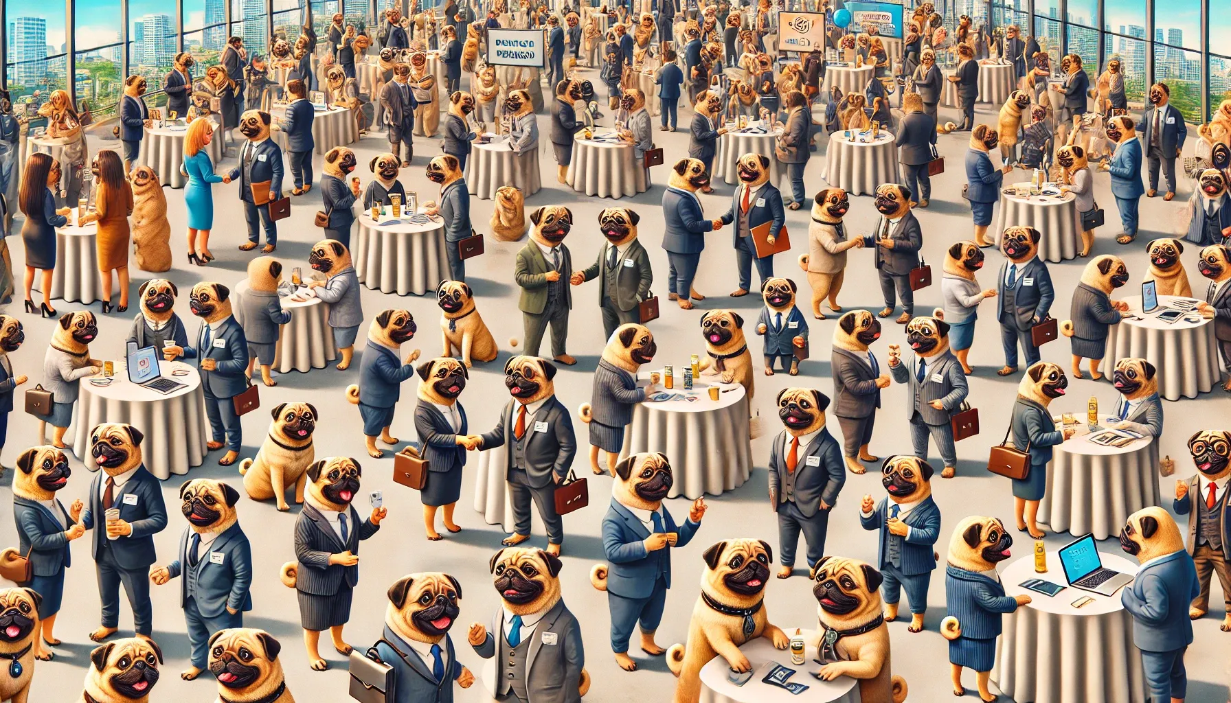 A full-bleed image of thousands of pugs at a whimsical social networking event. The scene includes pugs in various business attire, mingling, shaking paws, and chatting in a large, lively event space. Some pugs are near tables with snacks and drinks, while others are exchanging business cards or gathered around laptops. The atmosphere is bustling and energetic, with playful elements like pug faces and paw prints incorporated into the decor. The overall mood is fun and sociable, capturing the adorable nature of pugs engaging in a networking event.